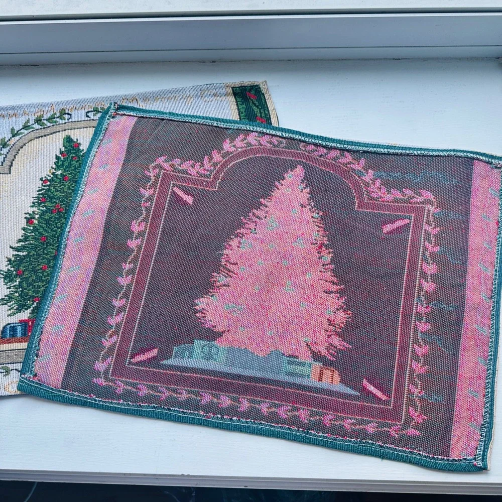 Vintage Christmas Tree Woven Tapestry Placemats Set of 2 Holiday Table Decor